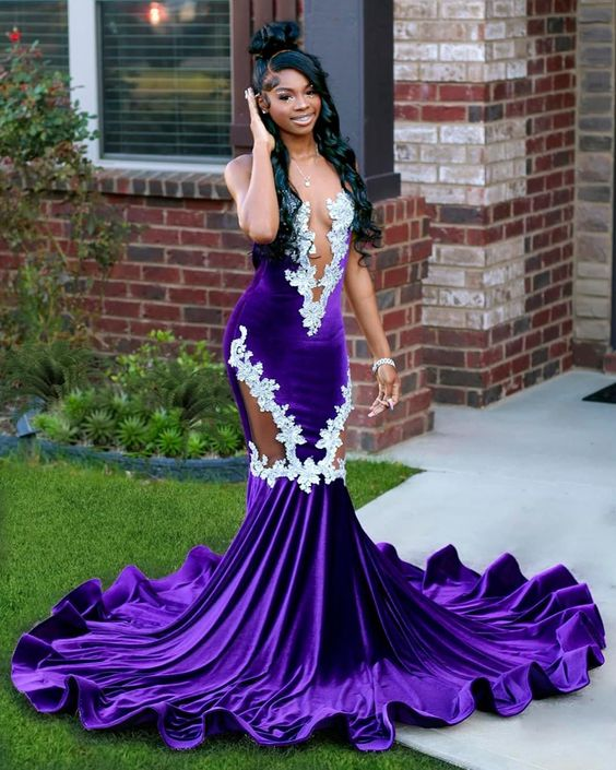 New Purple Mermaid Evening Dress With Lace Elegant Fishtail Black Girls Prom Dress Plus Size Formal Occasion Party Gowns Y6581 - VelvetHem