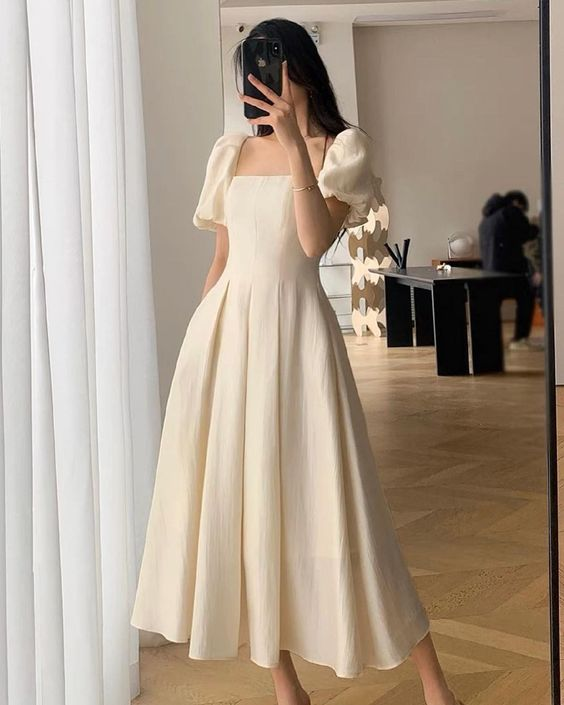 White Puff Sleeve Square Collar Maxi Dress For Women Party Dress
