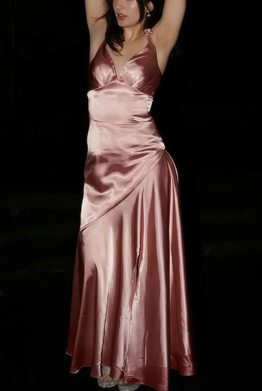 Fashion Pink V-Neck Satin Slit Evening Dress Long Party Prom Dress - FashionDia
