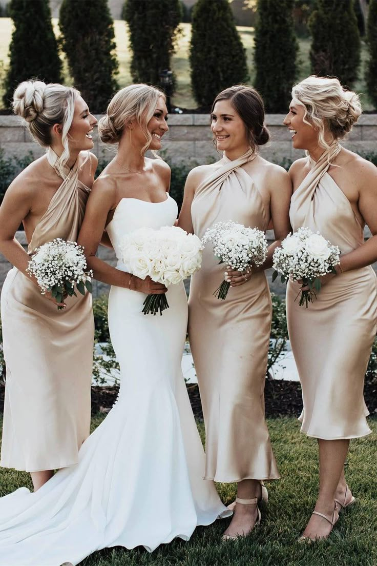 Classy Halter Champagne Backless Sheath Tea-Length Bridesmaid Dress Formal Wedding Guest Dress - View 2 | FashionDia