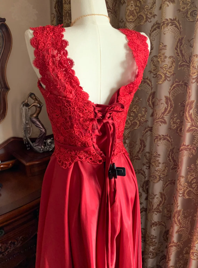 Vintage Red Sleeveless Lace Satin A Line Long Paery Dress Birthday Prom Dress