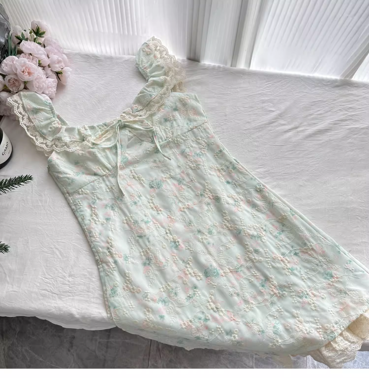 Sweet Floral Mint Green A-Line Short Dress Birthday Dress - View 5 | FashionDia