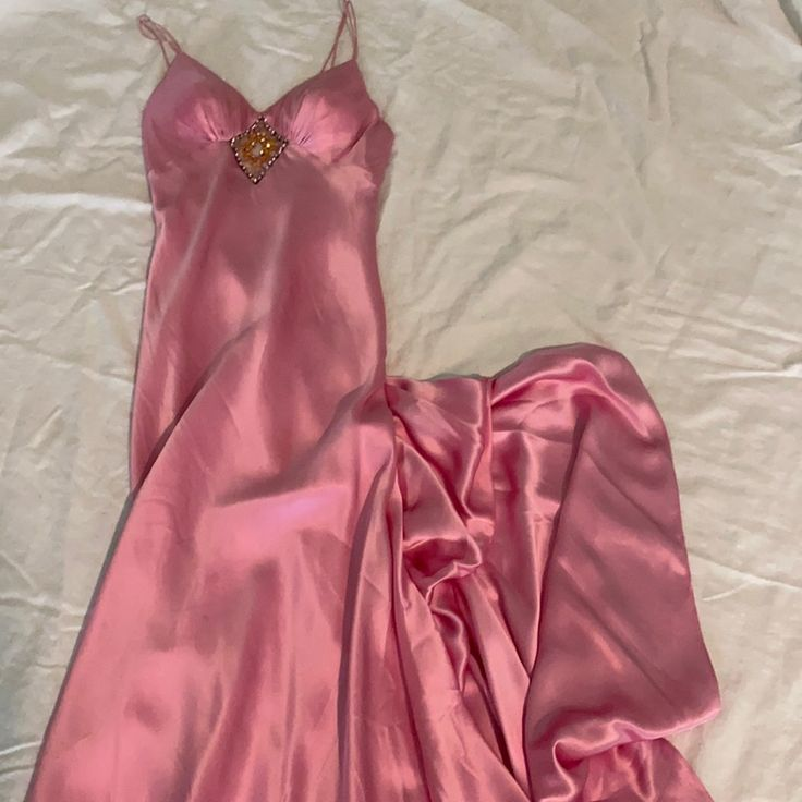 Pink Satin Beaded Evening Dress,Spaghetti Straps Party Prom Dress