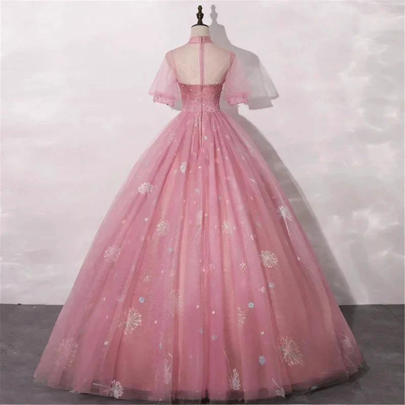 Blush Pink Quinceanera Dress Masquerade Dress A-Line Wedding Dress Floor Length High Neck Bridal Gown Short Sleeves (ZD13639)