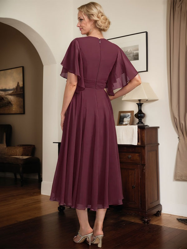 A-line V-Neck Tea-Length Chiffon Mother of the Bride Dress With Pleated Beading - View 5 | FashionDia
