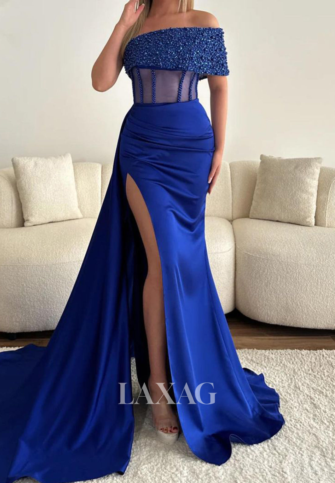 Off-Shoulder Tube Top Beaded Pleated Satin Party Gowns Sleeveless High Slit Mermaid Prom Dress