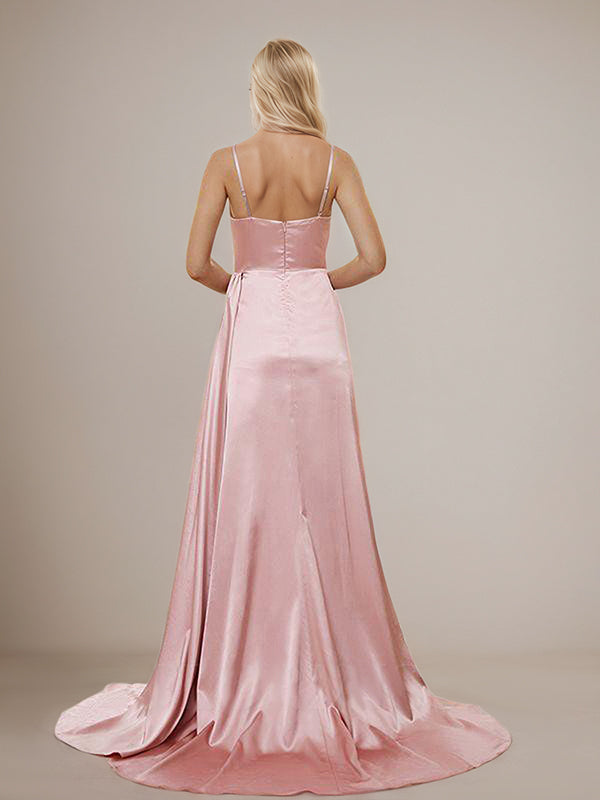Dusty Rose Sheath/Column Satin Ruched Spaghetti Straps Sleeveless Floor Length Bridesmaid Dresses