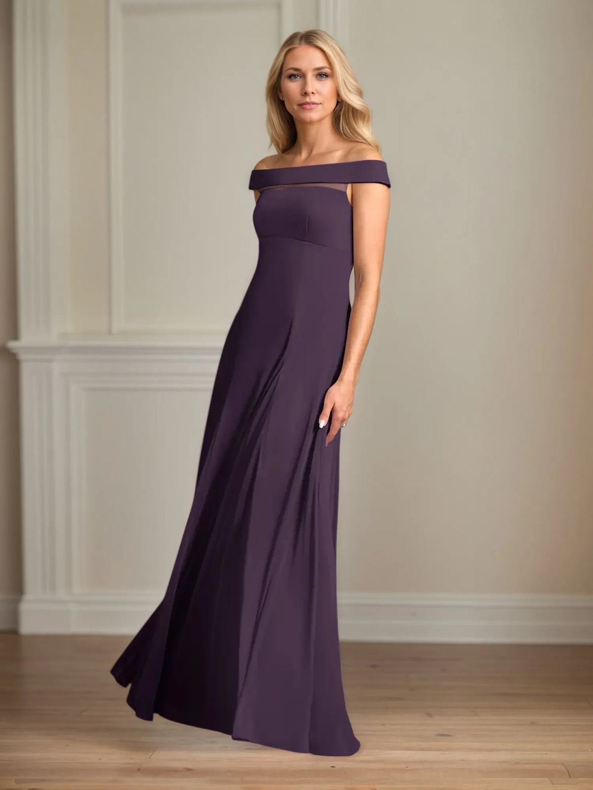 A-Line Off-the-Shoulder Sleeveless Chiffon Mother of the Bride Dress With Pleated - View 5 | FashionDia