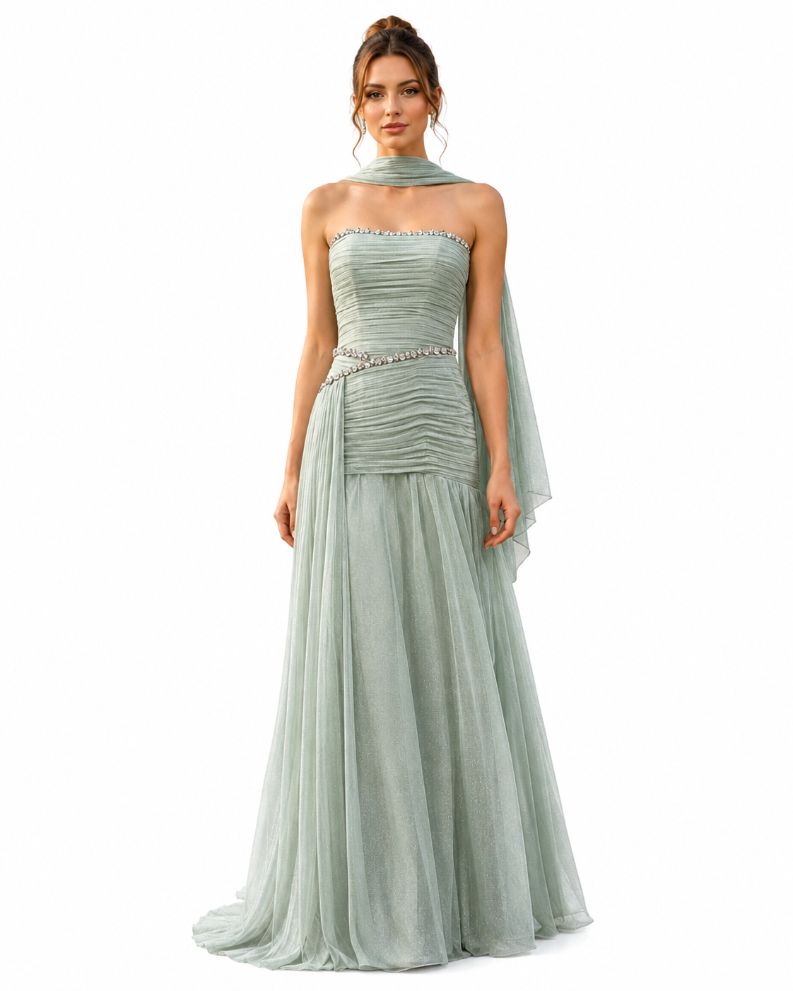 Charming Strapless Sleeveless Chiffon Prom Dresses Floor-Length Gem Pleats With Lace-Up Back