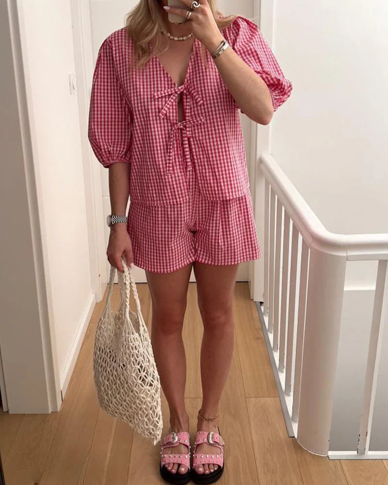 Women's lace-up plaid casual two-piece set - Fashionpara