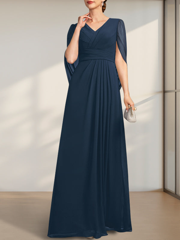 A-line V-Neck Floor-Length Chiffon Mother of the Bride Dress With Pleated - FashionDia