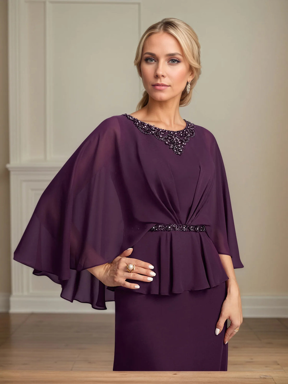 A-line Scoop Floor-Length Chiffon Mother of the Bride Dress With Pleated Sequins Beading - View 6 | FashionDia