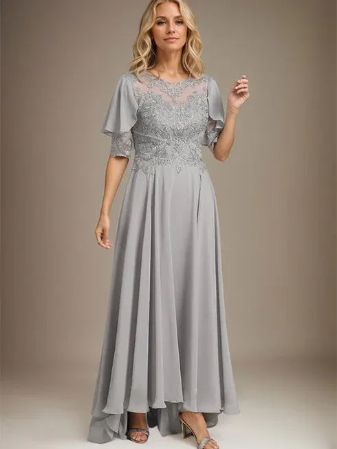 A-line Scoop Illusion Asymmetrical Chiffon Lace Mother of the Bride Dress With Beading - View 6 | FashionDia