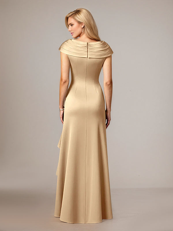 Champagne A-Line Satin V Neck Asymmetrical Mother of the Bride Dress