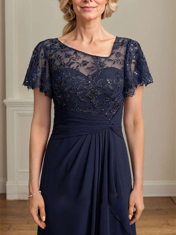 A-line Asymmetrical Illusion Floor-Length Lace Chiffon Mother of the Bride Dress With Cascading Ruffles Sequins - View 6 | FashionDia