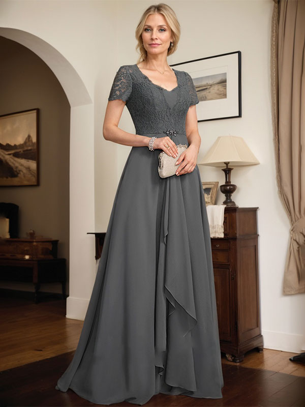 A-line Sweetheart Floor-Length Chiffon Lace Mother of the Bride Dress With Beading Cascading Ruffles - View 6 | FashionDia