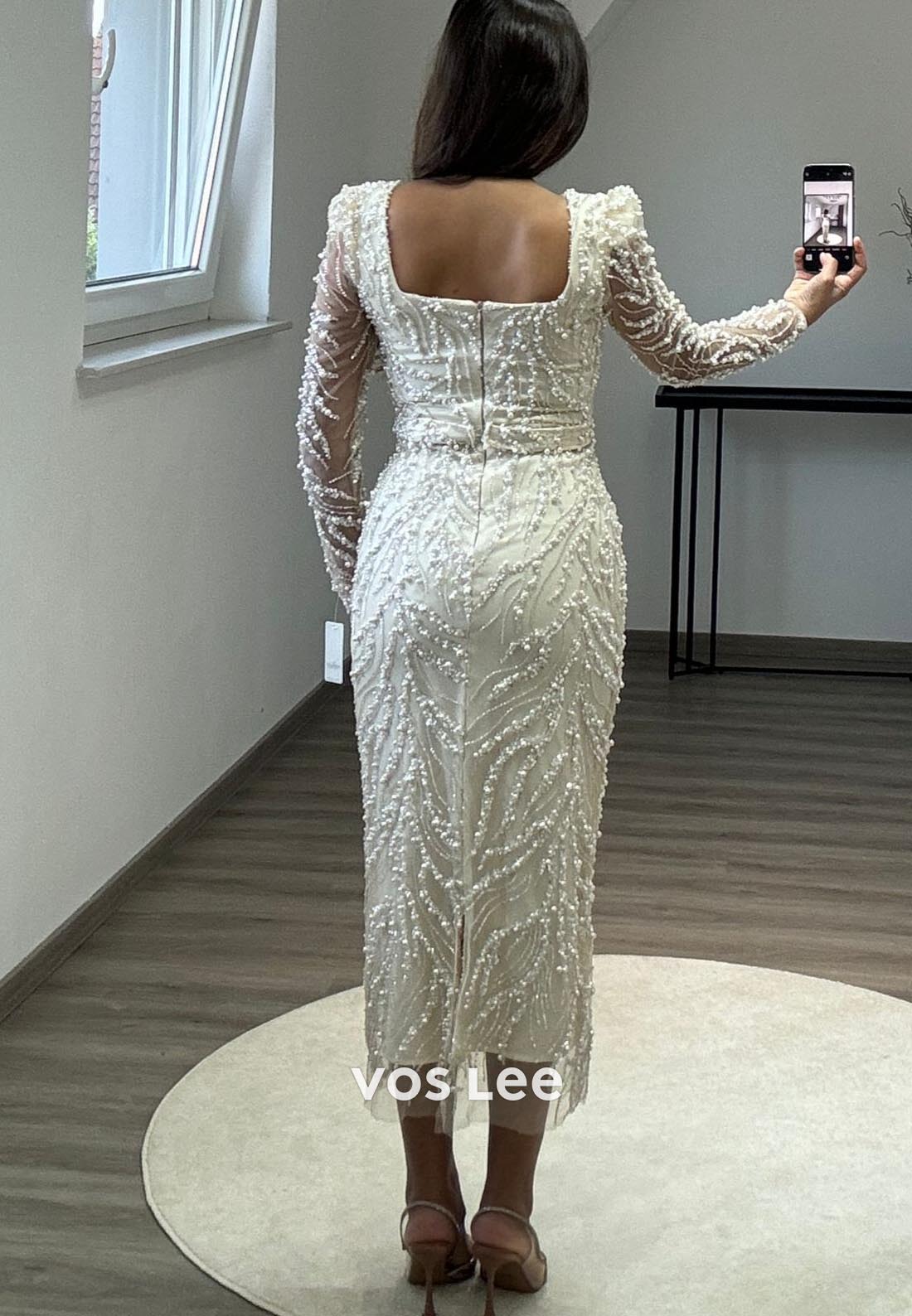 Tea-Length Square Beading Long Sleeve Formal Dresses