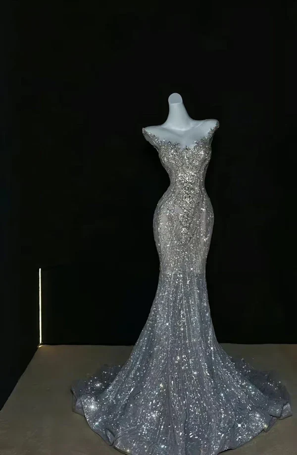 Silver gorgeous shiny fashion long sequin mermaid floor length fishtail dress prom dress, evening dress, party dress - VelvetHem