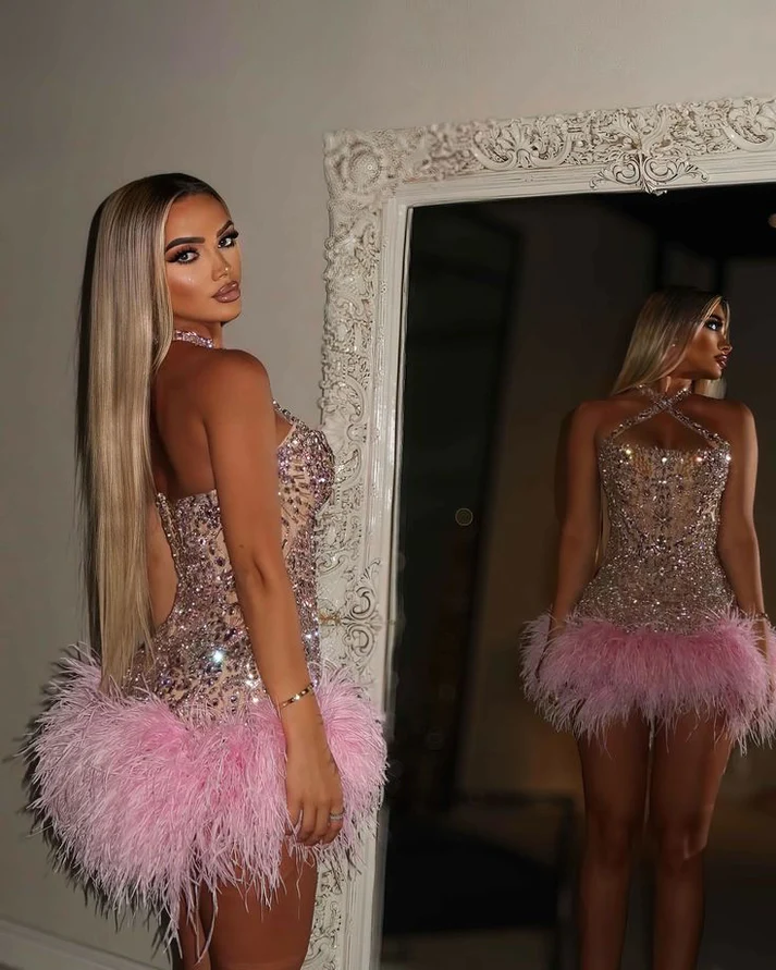 Trendy Sheath Halter Pink Beads Feathers Sequin Mini Short Formal 8th Grade Homecoming Dresses Middle School Short Prom Dress Hoco Outfits - VelvetHem