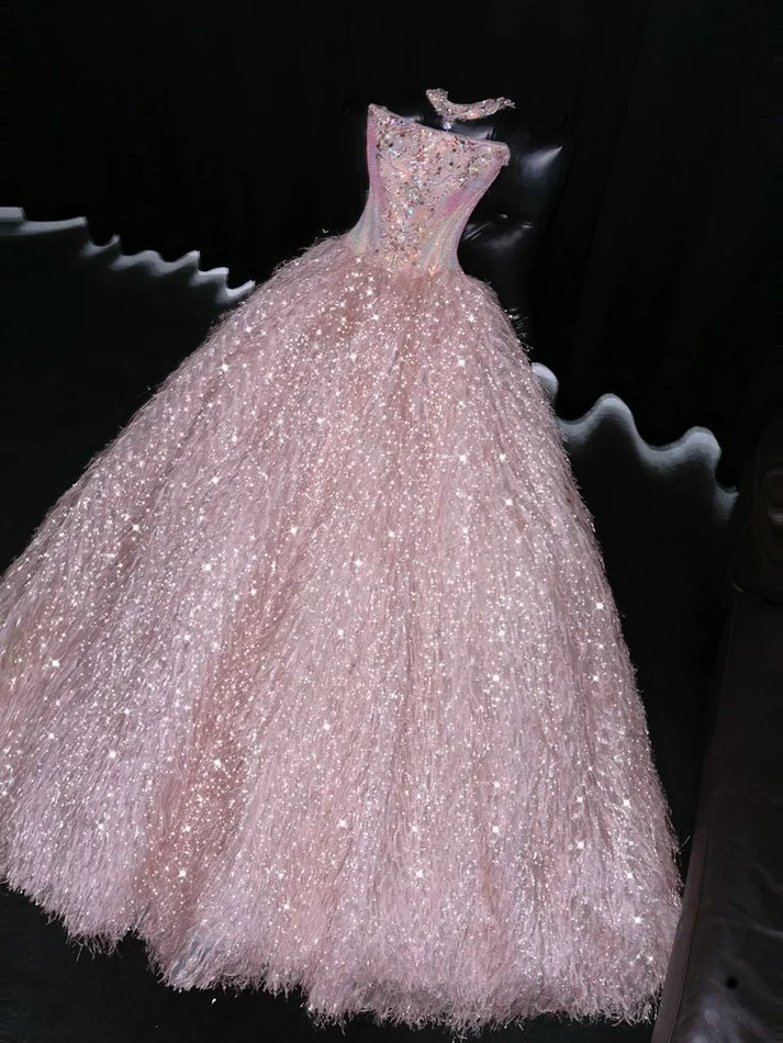 Exquisite Pink Beaded Feather Ball Gown Tulle Prom Dress Party Dress - VelvetHem