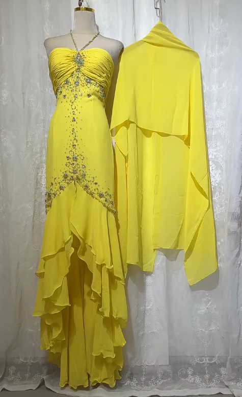 Stunning Yellow Halter Neck Sheath Chiffon Beaded Hi-Lo Prom Dresses Elegant Wedding Guest Dresses - VelvetHem