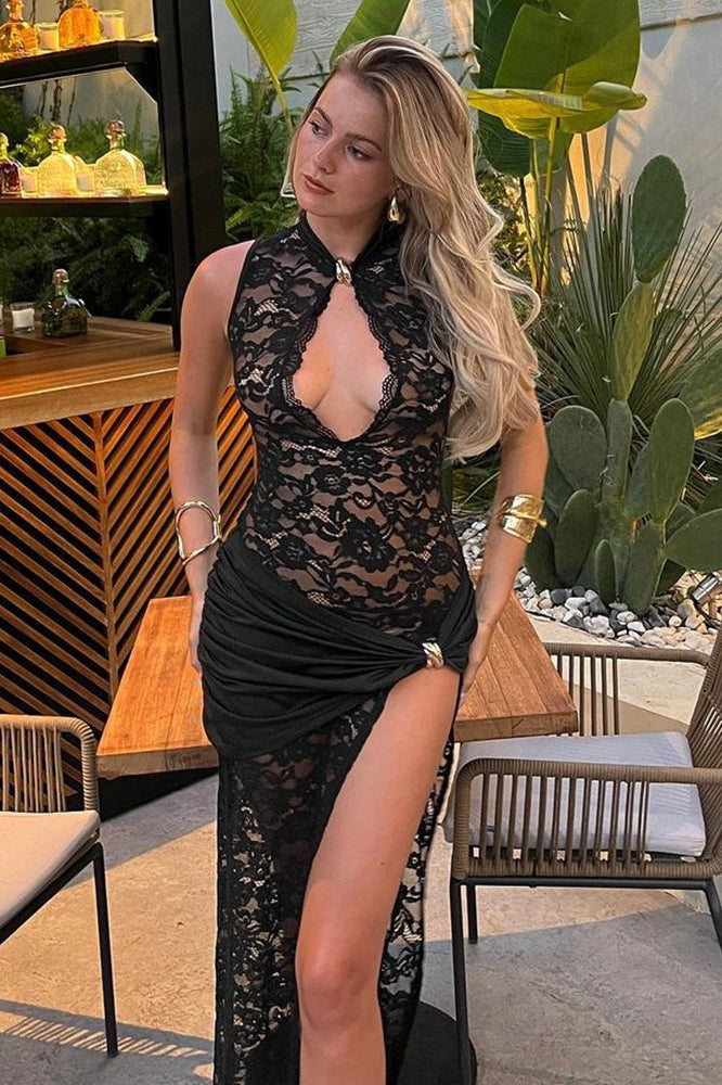 Lace High Split Sleeveless Lace Dress - VelvetHem