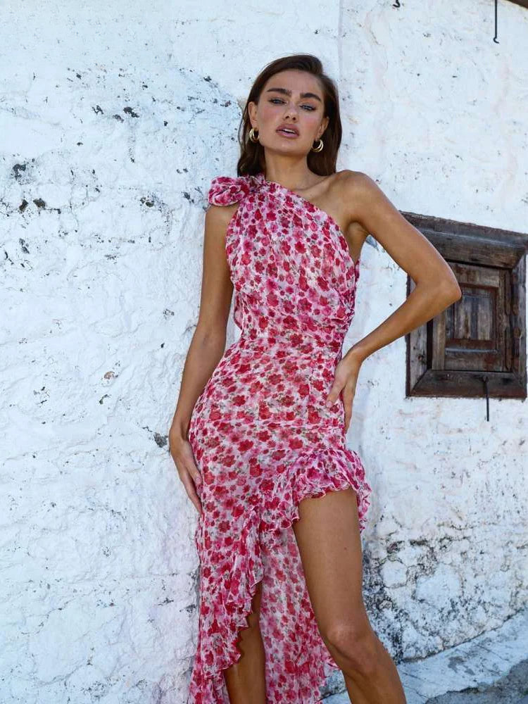 Floral Irregular Ruffle Strap Midi Dress - VelvetHem