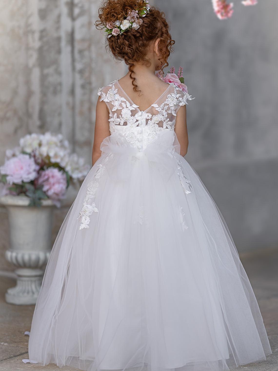 Ivory Princess Gown with Lace Appliques and Tulle Bow | Short Sleeve Ankle-Length Tulle Flower Girl Dress - View 2 | VelvetHem