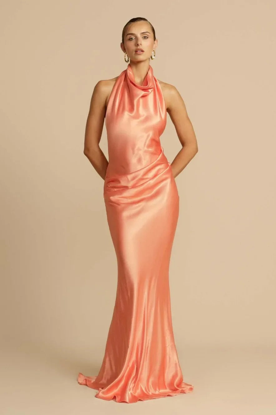 Satin Halter Neck Maxi Dress - FashionDia