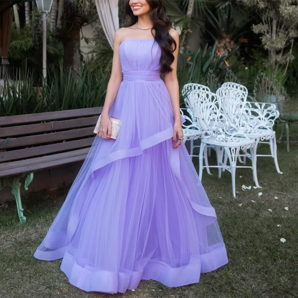 Lavender Tulle Long Dresses Wedding Party Ruffles Strapless Prom Dresses Formal Occasion Dress - FashionDia