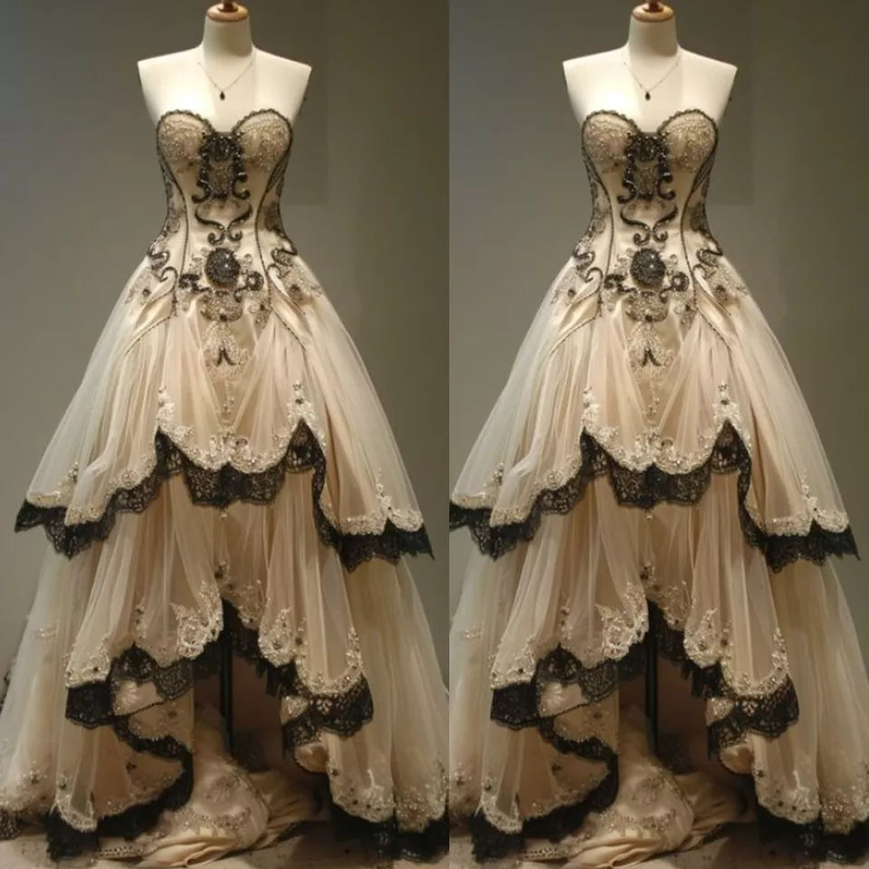 Black Lace Ruffle Bridal Gown Champagne Beaded Sweetheart Wedding Dress Tulle Bridal Gown - View 2 | FashionDia