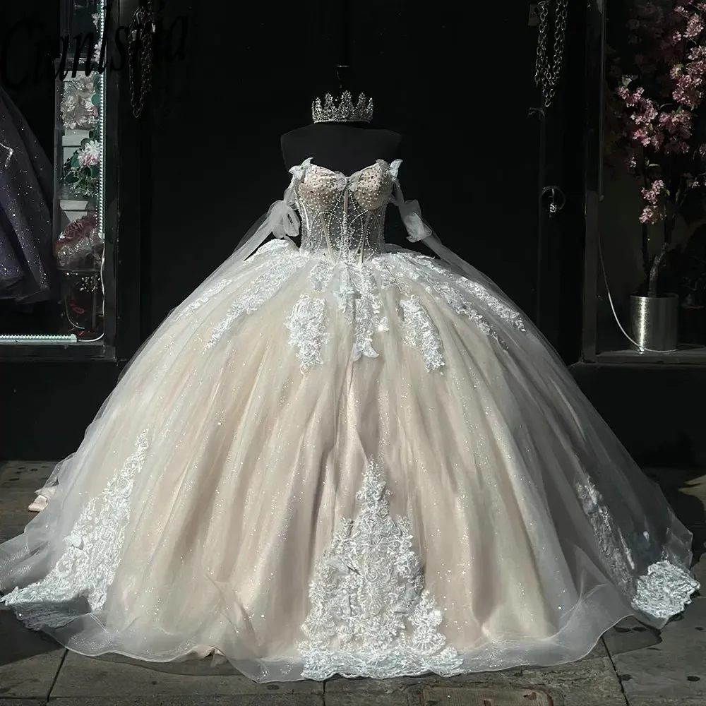 Shimmering Champagne Beaded Pearls Illusion Ball Gown Quinceanera Dress - FashionDia