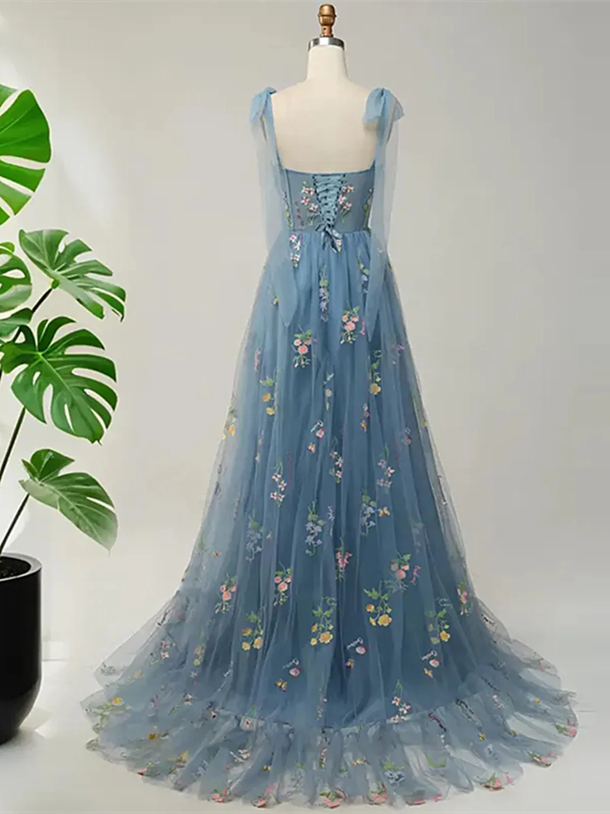 Blue Floral Embroidery Tulle Prom Dress, A-Line Fairy Gown Blue Party Dress - View 3 | FashionDia