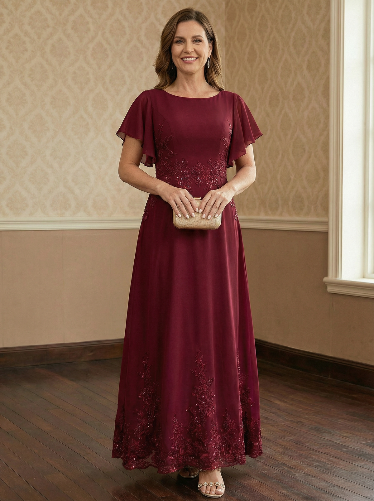 A-line Scoop Ankle-Length Lace Chiffon Mother of the Bride Dress With Sequins - VelvetHem