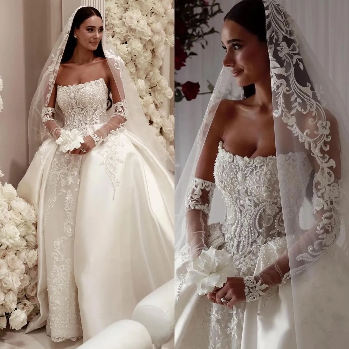 Arabic Lace Saudi Ball Gown Wedding Dress For Bride Strapless Pearls Satin Wedding Dresses Ruffle Dubai R Bridal Gowns Plus Size (ZD17412) - View 3 | VelvetHem