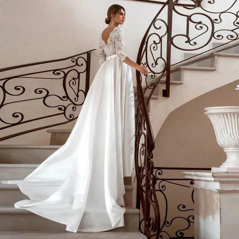 Half Sleeve Satin A-line Wedding Dress Elegant V Neck Bridal Gowns Elegant Bohemian Princess Dress Custome Vestido by payinti