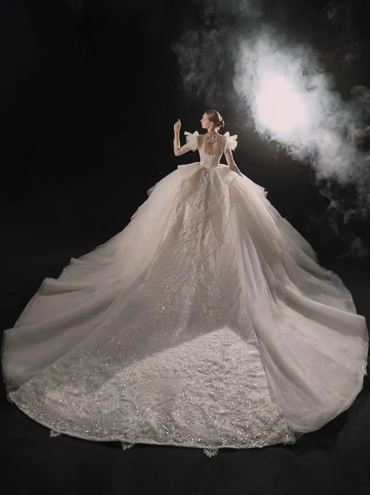 Glamorous V-Neck Ball Gown Long Lace Sleeve Beaded Embroidery Wedding Dress with Ruffled Train (ZD16904) - View 4 | VelvetHem