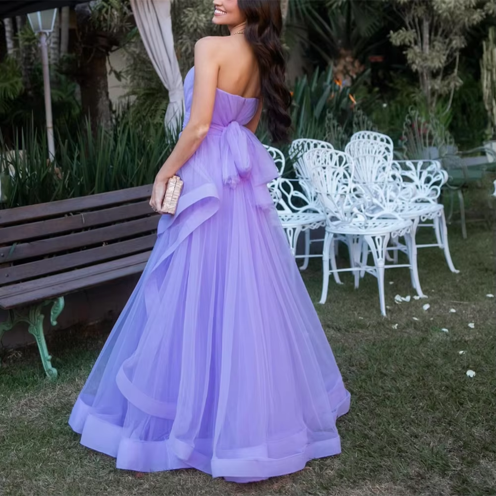 Lavender Tulle Long Dresses Wedding Party Ruffles Strapless Prom Dresses Formal Occasion Dress - View 2 | FashionDia