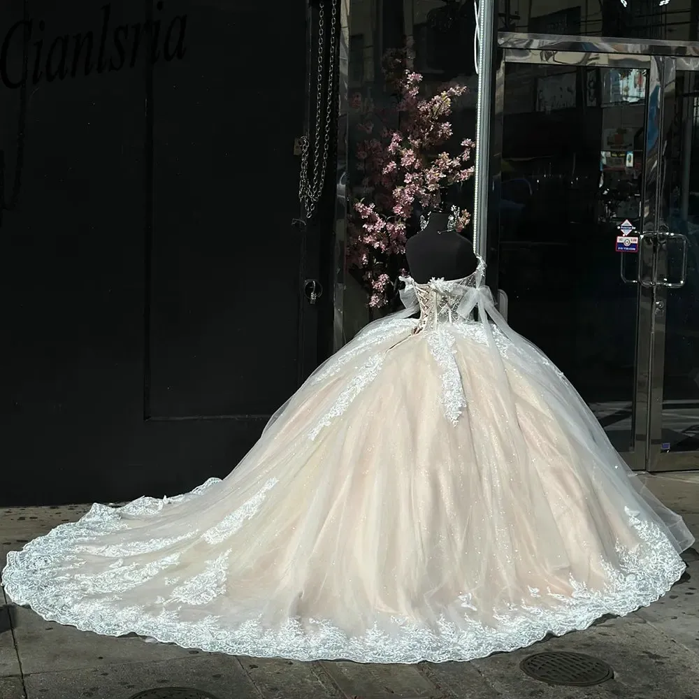 Shimmering Champagne Beaded Pearls Illusion Ball Gown Quinceanera Dress - View 2 | FashionDia