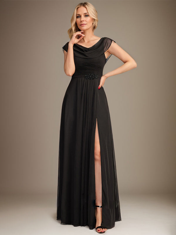 A-line Scoop Floor-Length Chiffon Mother of the Bride Dress With Pleated Beading - FashionDia