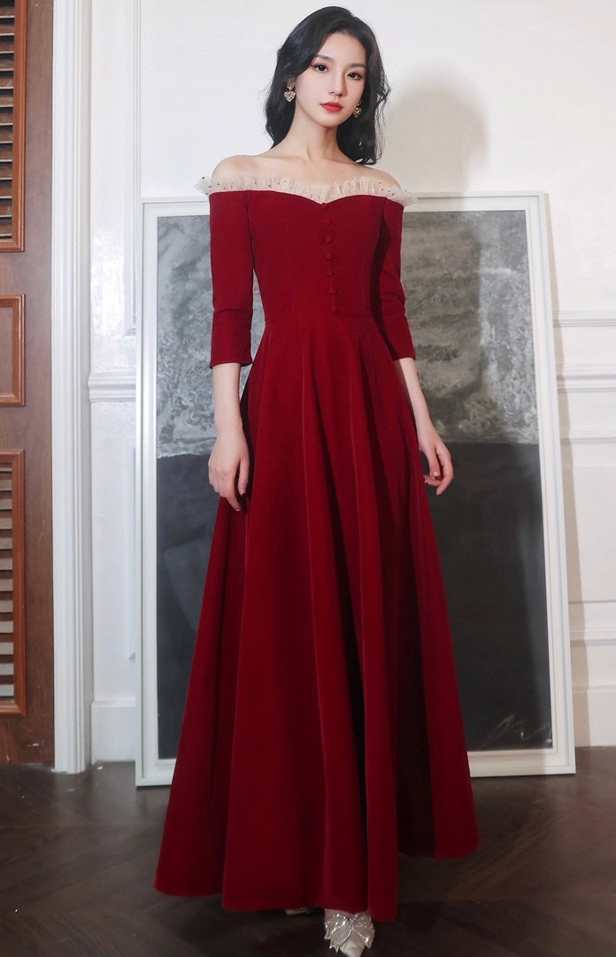 Burgundy Prom Gown, Off Shoulder Party Dress, Fairy Midi Dress