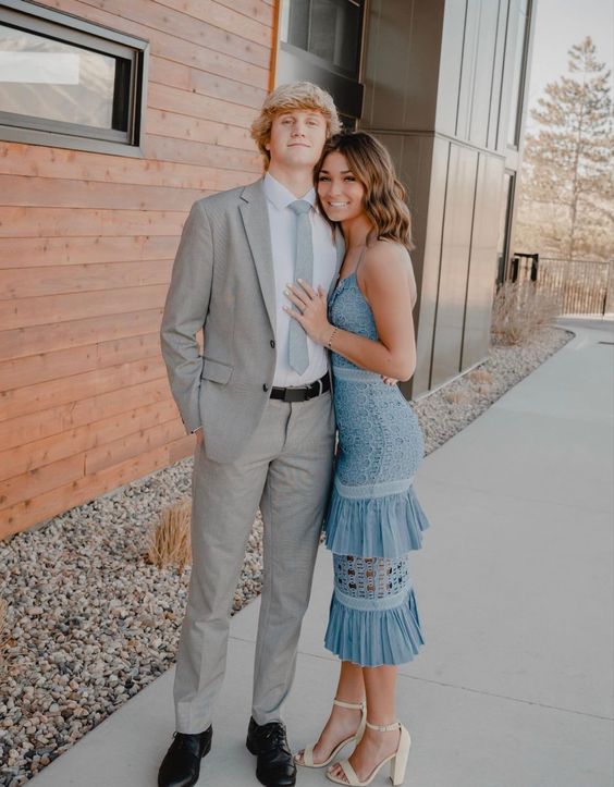 Blue Midi Dress Lace Prom Gown