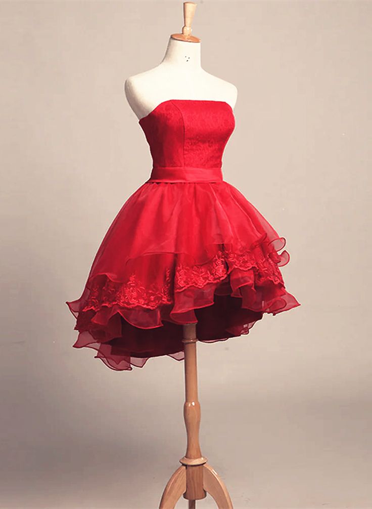 Cute Red Tulle and Lace High-Low Homecoming Dress, Short Party Dress - FashionDia
