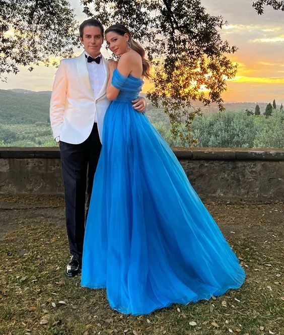 Off The Shoulder Blue long prom dress, evening dress