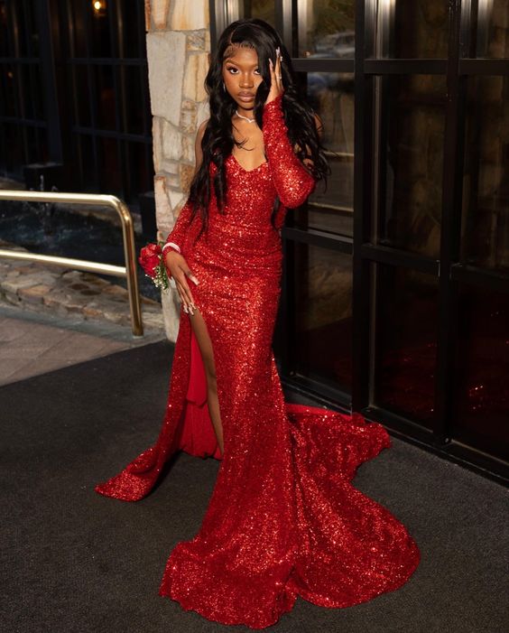 Red Sequins Long Prom Dress