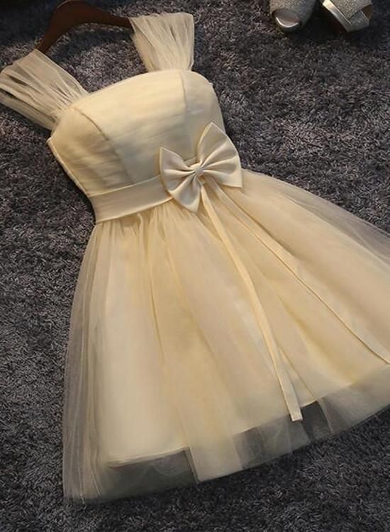 Lovely Champagne Tulle Cute Teen Homecoming Dress with Bow, Straps Tulle Formal Dresses - FashionDia