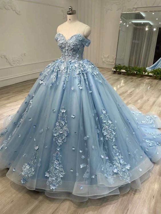 Blue Tulle Lace Long Prom Dresses, Ball Gown Blue Sweet 16 Dresses