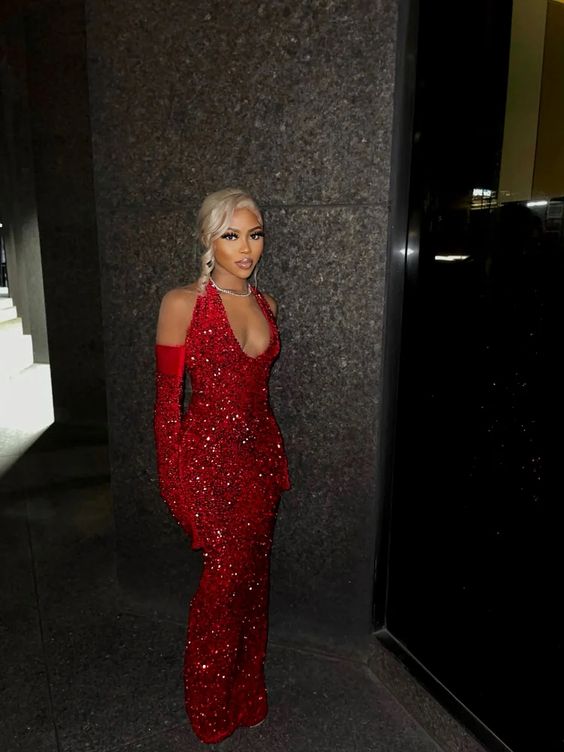 Red sequin long prom dress, fashion evening dress