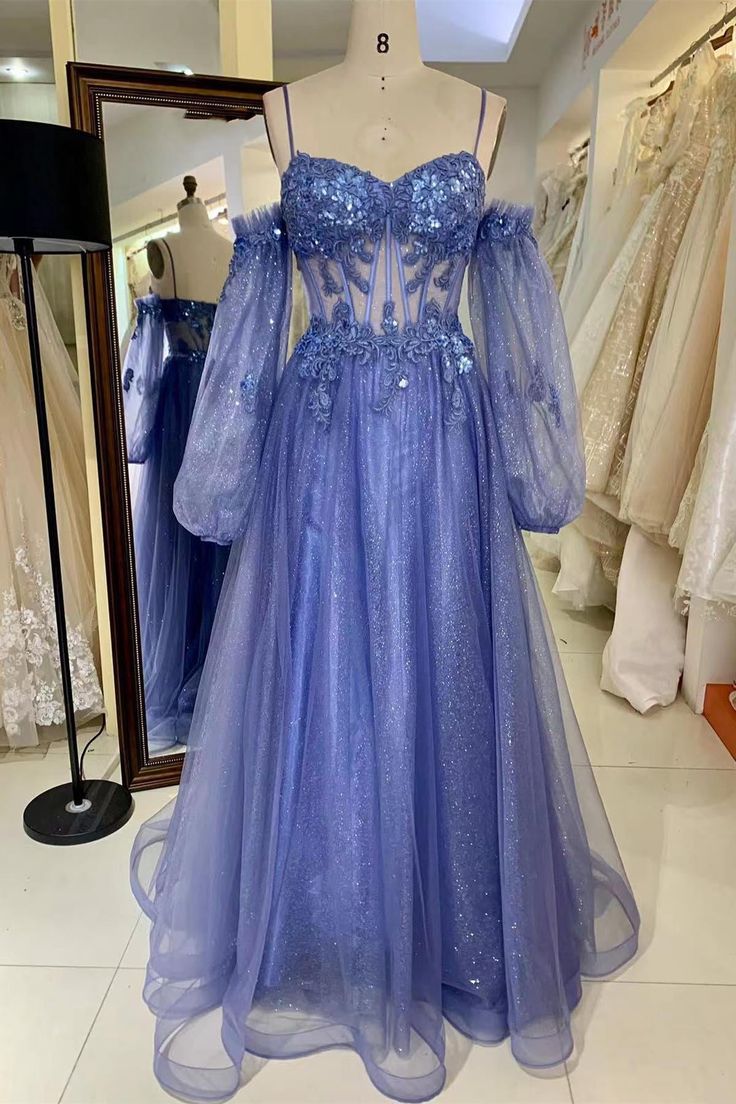 Off-the-Shoulder Sequins Applique Boning Long Prom Dress