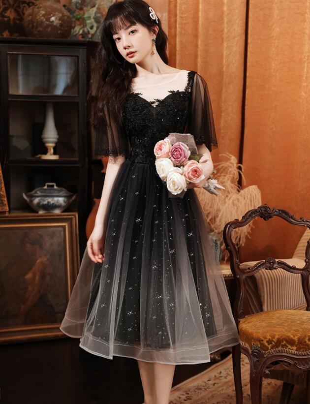 Black Short Sleeves Gradient Tulle And Lace Party Dress, Lovely Black Formal Dresses Bridesmaid Dress - View 3 | FashionDia